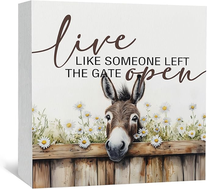 Donkey Bathroom Decor Sign - FarmHouse Cottagecore Animal Wooden Signs,Rustic Farmhouse Live Like Someone Left The Gate Open Wood Sign Home Decor,Donkey Signs For Bathroom