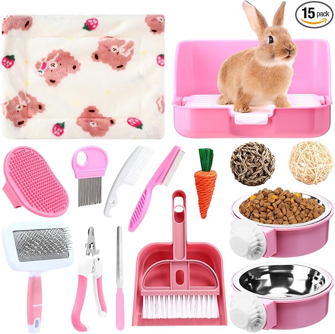Reallnaive 15 Pcs Rabbit Starter Kit Small Rabbit Litter Box Girls Gift Animal Grooming Kit Bunny Toys Bowl Blankets with Cleaning Set for Guinea Pig Accessories(Pink)