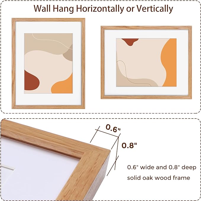 Fun Memories 11x14 Picture Frame, Solid Oak Wood 11 x 14 Photo Frames for Wall, 11 by 14 Frames with Tempered Real Glass, 11x14 Picture Frame with Mat for 8x10, Wooden Wall Gallery 11 x 14 Frame Set