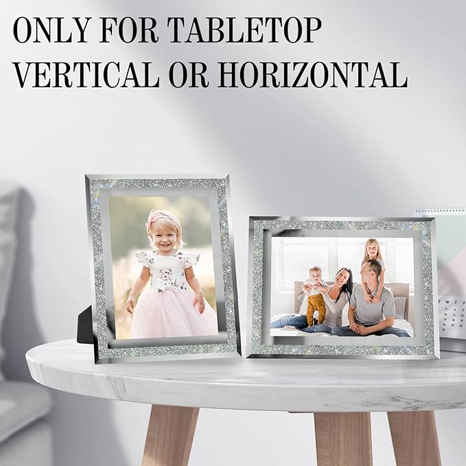 5x7 Picture Frames Silver - Set of 2, Sparkle Real Glass 5 by 7 Photo Frame Mirrored Edge Great Gift, for Tabletop Display, Wedding Birthday Christmas Day Gifts (5 x 7, Glitter Silver)