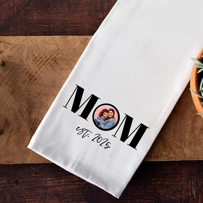 Andaz Press Personalized Flour Sack Tea Towel, Mom Custom Photo Design EST. Year Birthday for Daughter, Wife, Mom to Be, Kitchen Decor, Kitchen Gift
