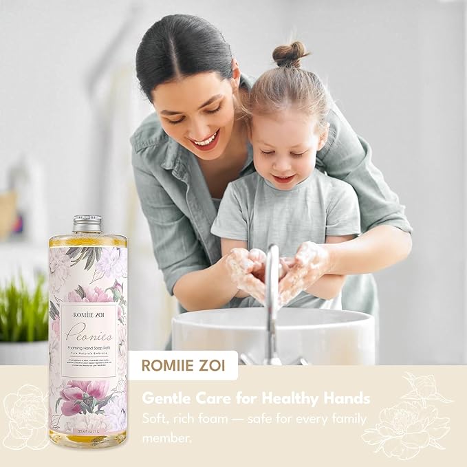 ROMIIE ZOI Foaming Hand Soap Refills 3-Pack (33.8 Fl Oz x 3) with Refilable Dispenser Peony Scented–Chemical-Free for Sensitive Skin, Bulk Refill Bottles for Bathroom & Kitchen Use
