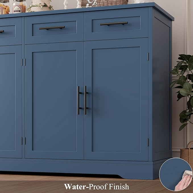 HOSTACK 60" Large Buffet Sideboard with Storage, 36" Tall Kitchen Buffet Storage Cabinet with 4 Drawers, Modern Coffee Bar Cabinet with Gold Handles, Long Sideboard Buffet Table for Kichen, Blue