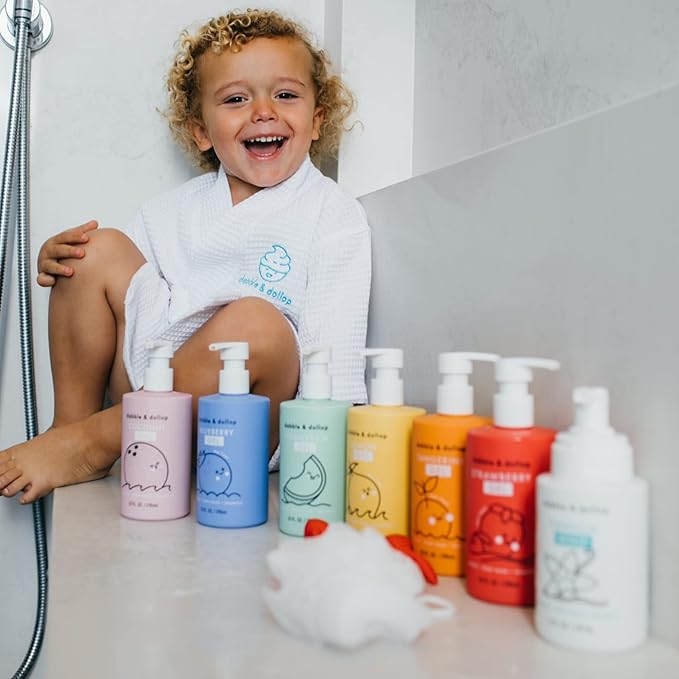 Dabble & Dollop Rainbow of Bubbles – Natural 4-in-1 Bath Set for Kids, Includes Bubble Bath, Body Wash, Shampoo, No Parabens/Sulfates, Vegan, Gluten-Free, Tear-Free (7-Pack)