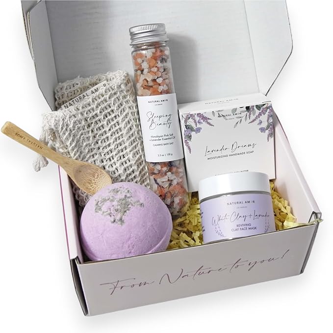 Natural Amor Lavender Spa Gifts for Women, 5pcs Handmade Spa Gift Box for Women, Soap, Clay Mask, Bath Salt, Birthday Gift for Women, Self Care Gift