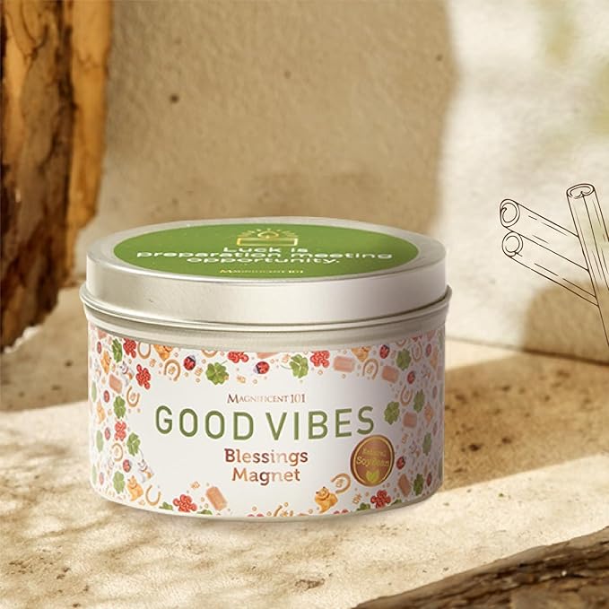 MAGNIFICENT 101 Good Vibes Manifestation Candle - 6 oz Light Brown Soy Wax Tin - Sage & Sandalwood Scented Candle for Chakra Healing & Luck