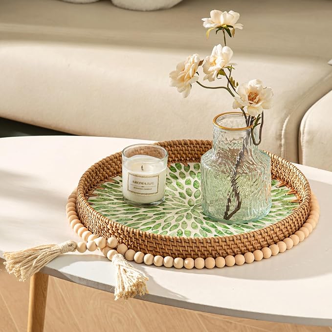 Round Rattan Tray Home Decor with Wood Bead Garland, 12'' Wicker Serving Tray with Mother of Pearl Inlay, Boho Decorative Tray for Coffee Table, Bathroom, Ottoman, Kitchen Table, Bathroom (Green)