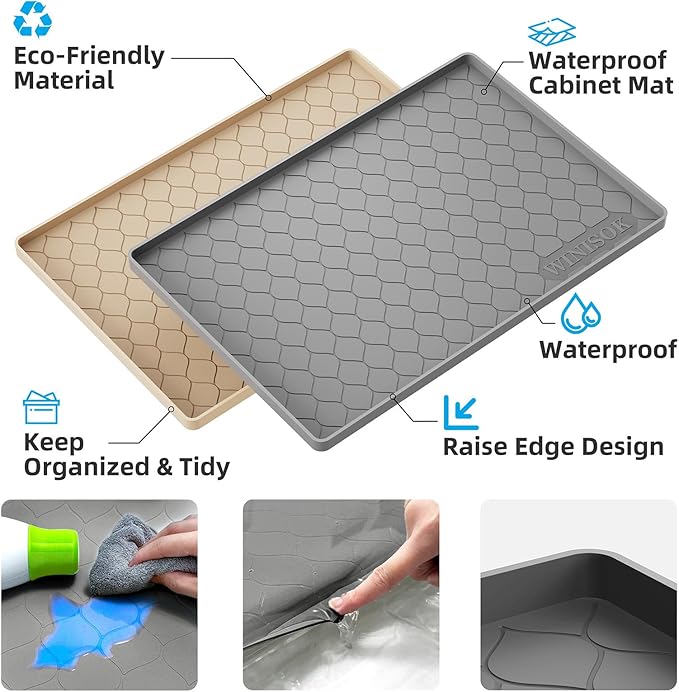 Silicone Under Sink Mat 40" x 22", Kitchen Essentials and Gadgets, Shelf Liner and Cabinet Protector, Home Organizers and Storage, Waterproof Bathroom Tray