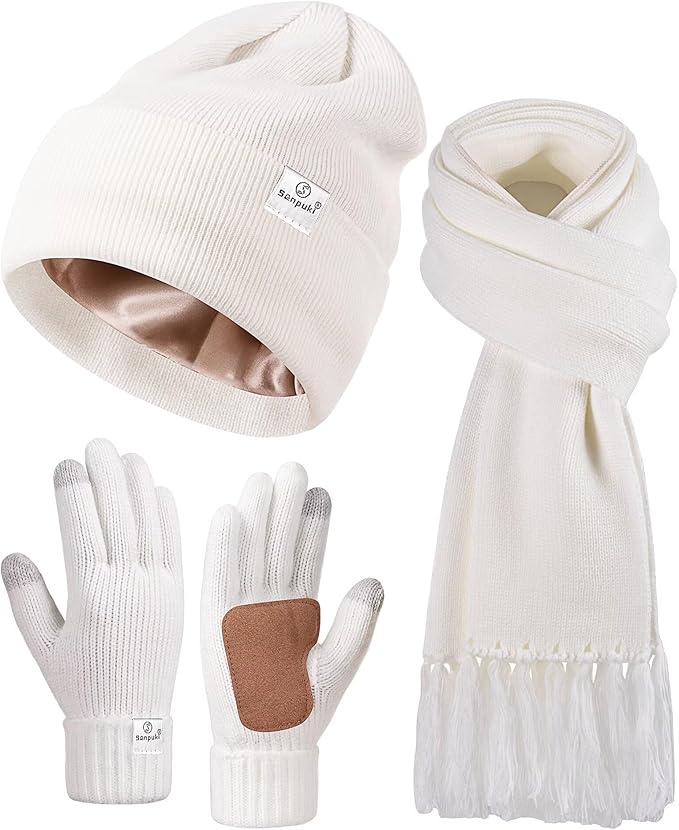 Womens Satin Lined Beanie Scarf Gloves Set, Silk Lined Winter Hats Knit Scarf Gloves, Gift Set Stocking Stuffers For Women