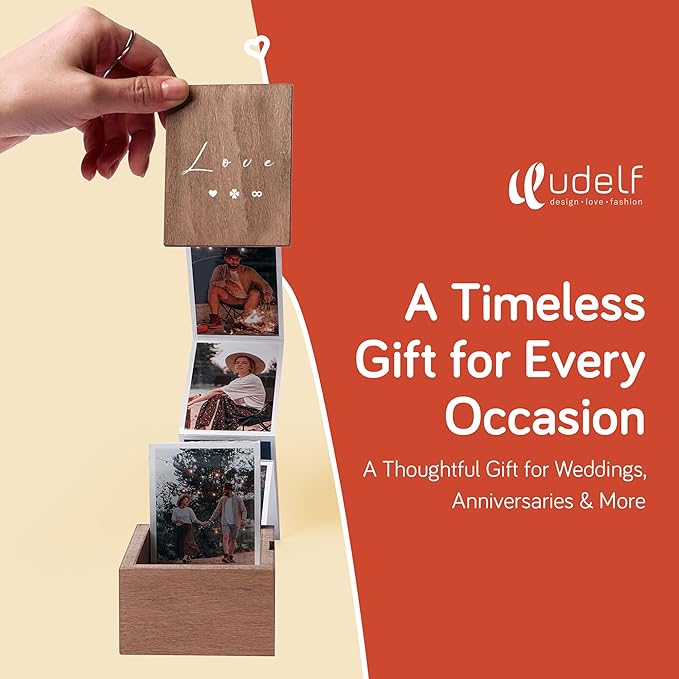 Udelf Modern Wooden Accordion Photo Box Gift - Customized Keepsake for Lovers - Holds 14 Photos - 3.5" x 2.75" x 1.75"