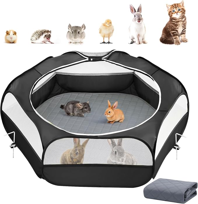 Pawaboo 2-in-1 Small Animals Playpen with Pad, Black+Gray | Waterproof, Reusable Pad, Portable Outdoor Yard Fence with 3 Metal Rod, For Chick/Kitten/Guinea Pig/Rabbits/Chinchillas