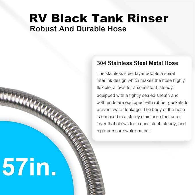 COOSPIDER RV Black Tank Flexible Swivel Stick Rinser 57 Inch, Stainless Steel Camping Toilet 360° Powerful Rotary Cleaning Hose with 1 Inch to 3/4 Inch Connector, for Black Sewer Holding Tank