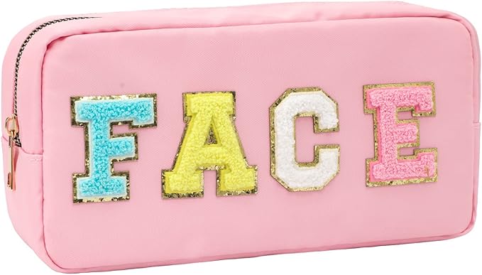 DYSHAYEN Nylon Cosmetic Bag Preppy Face Care Makeup Bag for Women Travel Toiletry Organizer with Chenille Letter Patches (Pink-FACE)