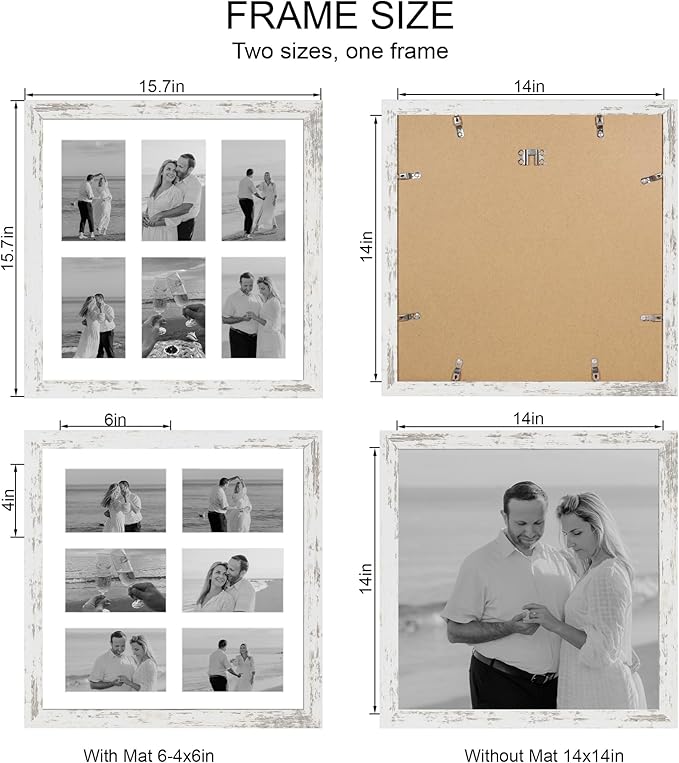 14x14 Picture Frame Set of 2, Distressed White with Glass Collage Frame, Display Photo Six Opening 4x6 With Mat or 14 x 14 Without Mat - Horizontal or Vertical Wall Mounting
