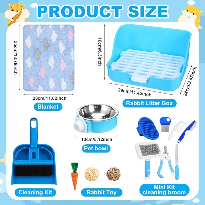 Reallnaive 15 Pcs Rabbit Starter Kit Small Rabbit Litter Box Girls Gift Animal Grooming Kit Bunny Toys Bowl Blankets with Cleaning Set for Guinea Pig Accessories(Light Blue)