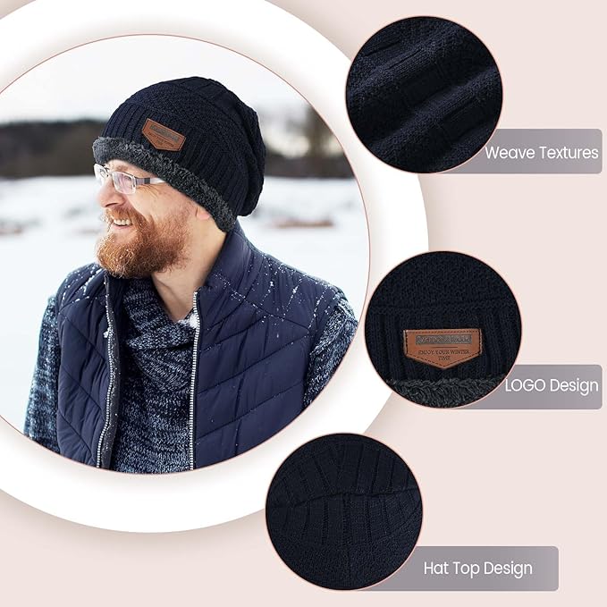 Winter Beanie Hat Circle Scarf Touchscreen Gloves Set, Snow Knit Skull Cap, Warm Thick Fleece Lined Neck Warmer for Men Women