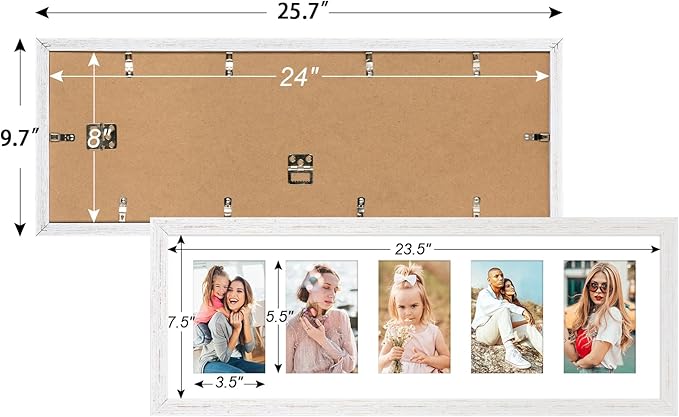 8x24 Collage frame with 5 Openings 4X6 Pictures, Multiple Picture Frame with Mat, Wall or Tabletop Decor, White Wood Grain (1 Pack)