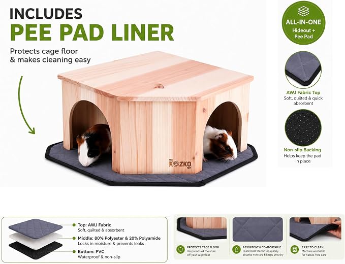 Wooden Guinea Pig Corner Hideout - Hidey for Chinchilla, Rat and Hedgehog with Pee Pad, Fully Assembled & Dual Entrances - Guinea Pig Accessories by The Kozko Hut