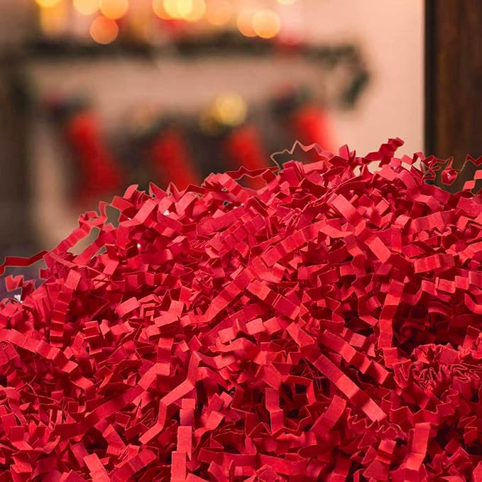 1LB Red Crinkle Cut Paper Shred Filler, Gift Box Stuffing Decorative Shredded Crinkle Paper, Holiday Shred Filler for Christmas Gift Bags Baskets and Packaging