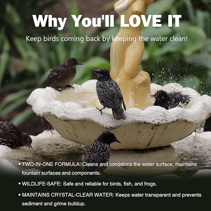 Bird Bath Cleaner, Bird Bath Fountains Clarifier, Liquid Birdbath and Fountain Maintenance, Promotes Clean & Clear Water - Natural Formula, Prevents Stains & Cloudiness - 7 Oz