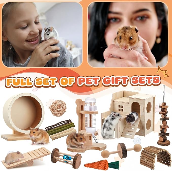 18 Pcs Hamster Cage Accessories, Silent Hamster Wheel 15 Toys Set | Maze Wood House and Water Bottle Set for Rat Mice Small Animals Habitat Decor Enrichment Starters (Harmony Wooden Style)