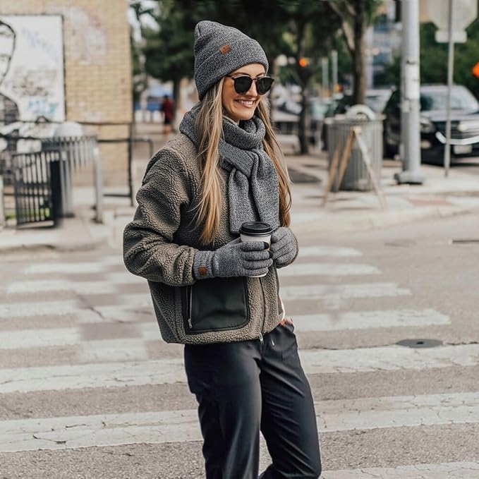 Womens Winter Warm Beanie Hats Gloves Scarf Headband Set Fleece Lined Ear Warmer Knit Scarf Touchscreen Gloves Winter Gifts