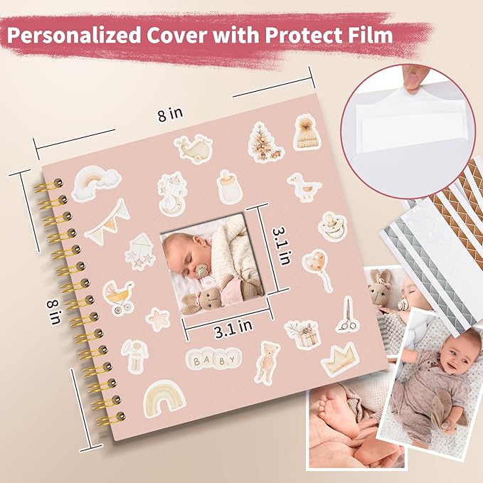 Vienrose Kids Scrapbook Album 8.5"X8.3" with Window Silk Fabric Cover Acid-Free Pages Personalised DIY Photos Scrapbooking for Baby Memory Book, First Year Keepsake Journal Gift Boy Girl, Pink