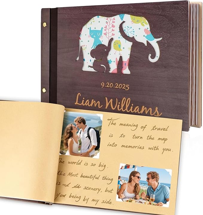 Personalized Wooden Photo Albums,Retro Style Travel Scrapbook with Writing Space,Family Photo Albums Couples Memory Book,DIY Adventure Book for Wedding Family Travel Birthday Baby Shower