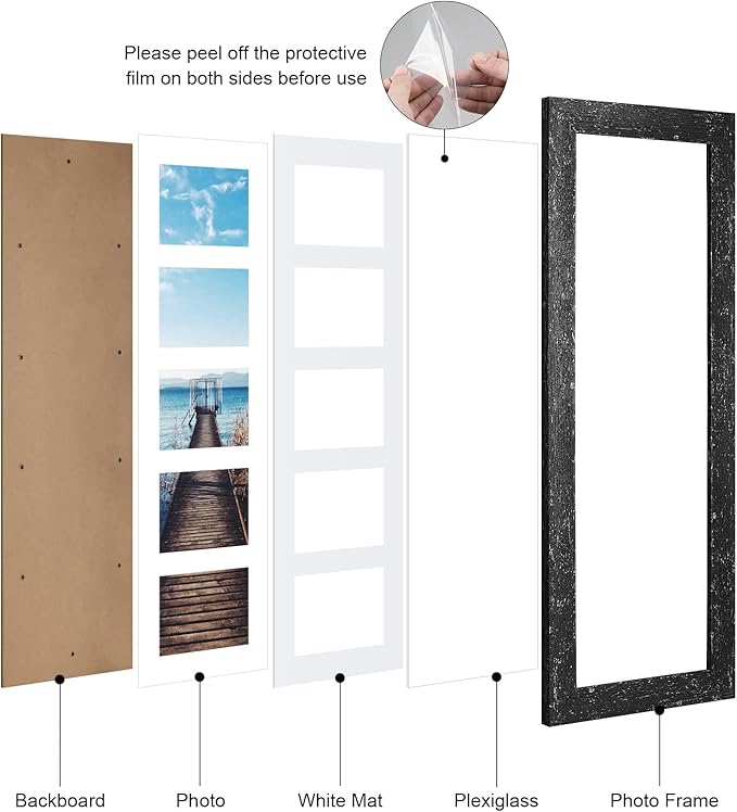 8x24 Picture Frame Display 5 opening 4X6 Picture Frame Collage,Multi Photo Frame with Mat,Plexiglass,Wall or Tabletop Decor,Black Wood Grain