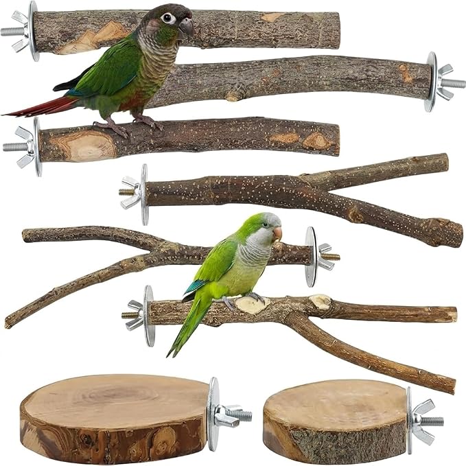 8-Piece Set Natural Wood Bird Perches - Wooden Parrot Stand with Fork Toys, Hanging Multi-Branch Platform, Hammock Swing - Suitable for Parakeets, Budgies - Durable Pet Bird Accessories