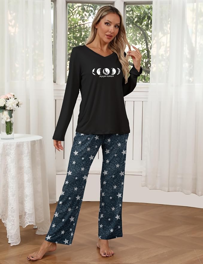 Ekouaer Womens 2 Pack Pajama Set Long Sleeve Pajamas Top and Pants V Neck Pjs Set Soft Loungewear with Pockets