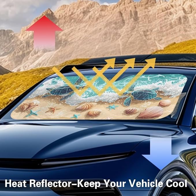 Sea Turtle Seashell Windshield Sun Shade Foldable Car Sun Shade Windshield for Front Window Block UV Rays Heat Protection Universal Fit for Most Cars SUV Keeps Your Vehicle Cool