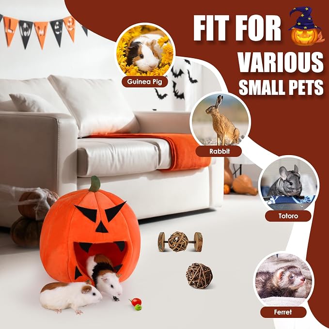 Guinea Pig Hideout - Guinea Pig Bed, Halloween Style Small Pet Hides, Ideal Bed for Small Pets, Pumpkin Shape, Orange