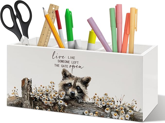 Rustic Raccoon Pen Holder Organizer, Farmhouse Raccoon Gifts for Women Men Desk Decor, Live Like Someone Left the Gate Open Wooden Pen Pencil Holders for Vintage Desk Accessories