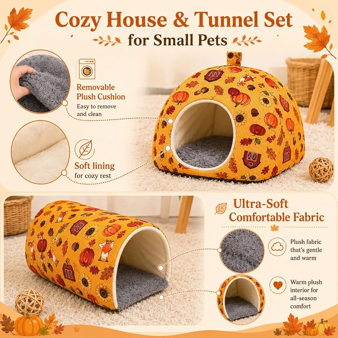 Guinea Pig Hideout Tunnel Set, 2 Pack Washable Small Animal Bed with Removable Cushion, Hamster Hideout Play Tunnel Toys for Guinea Pigs, Hamsters, Hedgehogs, Ferrets, Orange Pumpkin