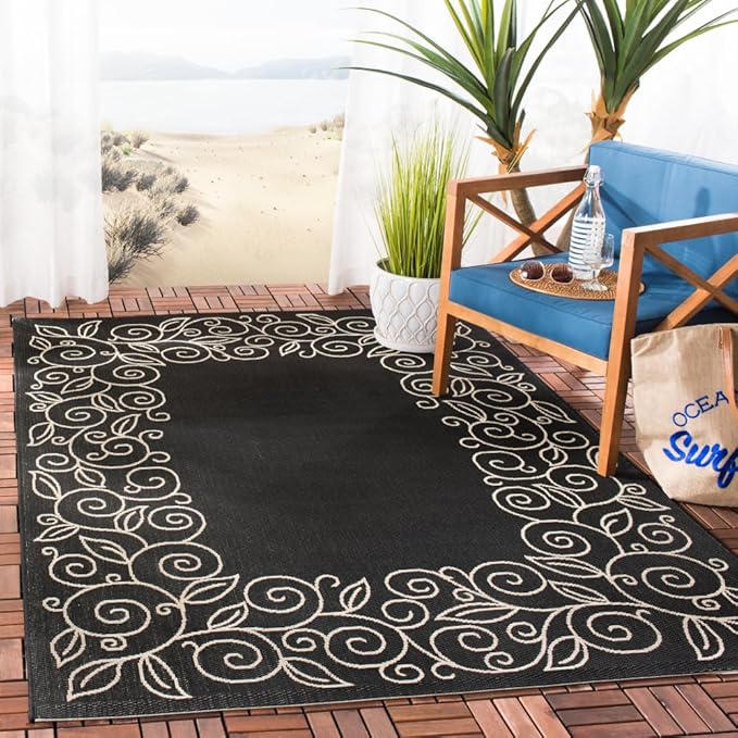 SAFAVIEH Courtyard Collection Area Rug - 6'7" x 9'6", Black & Beige, Non-Shedding & Easy Care, Indoor/Outdoor & Washable-Ideal for Patio, Backyard, Mudroom (CY5139D)