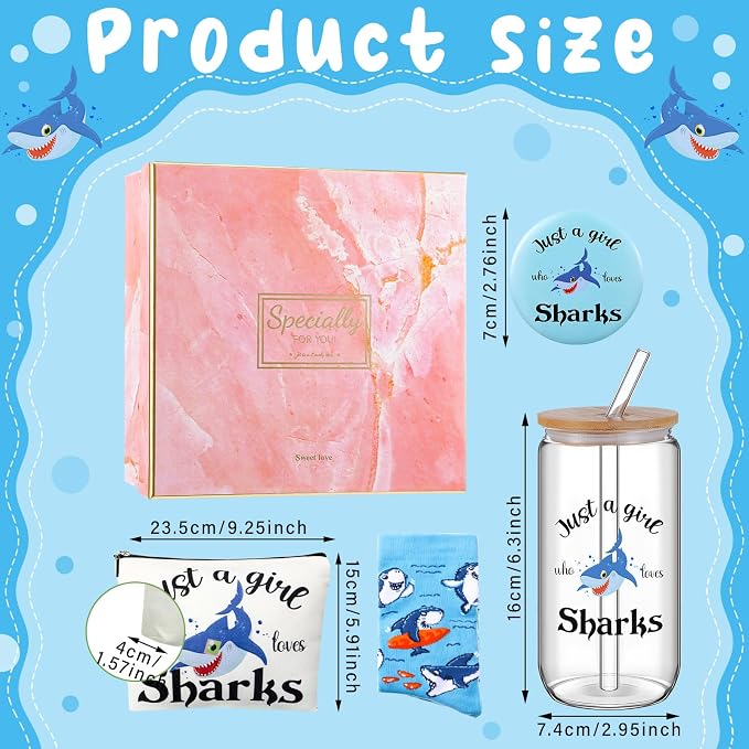 Kacctyen 5 Pcs Christmas Shark Gifts for Women Funny Shark Lovers Stuff Accessories 16 oz Glass Cup Tumbler with Lid Straw Cosmetic Makeup Bag Sock Mirror Box for Birthday Animal Lover Presents
