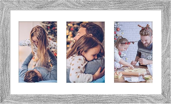 8x14 Collage frame with 3 Openings 4X6 Pictures, Multiple Picture Frame with Mat, Wall or Tabletop Decor, Grey Wood Grain (1 Pack)