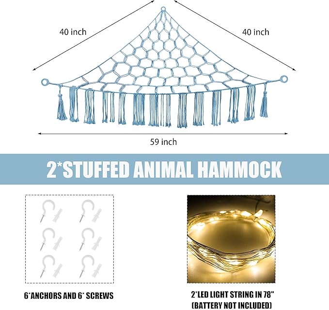 CERETIA Stuffed Animal Hammock with LED Light, Large Stuffed Animals Storage Corner Plushie Net for Kids Room Decor, Baby Blue