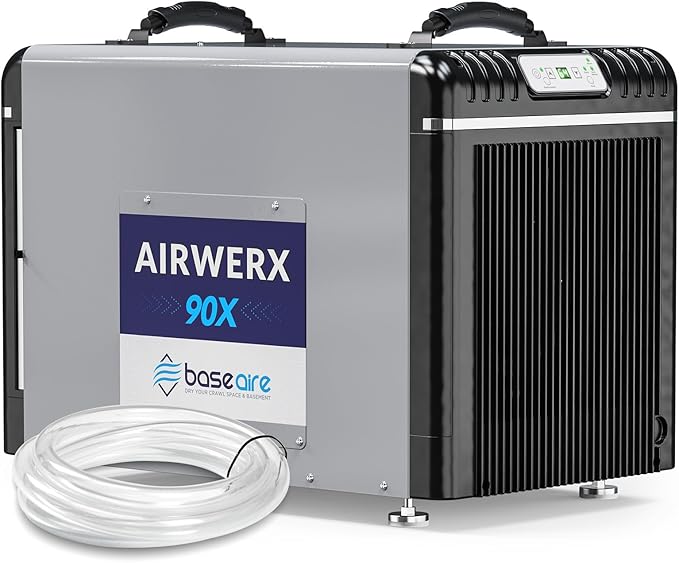 BaseAire 198 Pints Dehumidifier with Pump for Crawl Space, Basement, Portable AirWerx90X Commercial Dehumidifier for Whole Home, Intelligent Humidity Control, Auto Shut off Restart