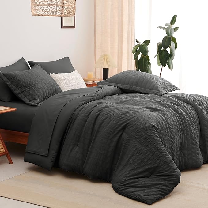 CozyLux Twin XL Comforter Set with Sheets Seersucker Dark Grey 5 Pieces Bed in a Bag, Twin Extra Long Luxury Bedding Sets for College Dorm with Down Alternative Comforter, Sheets, Pillowcases & Shams