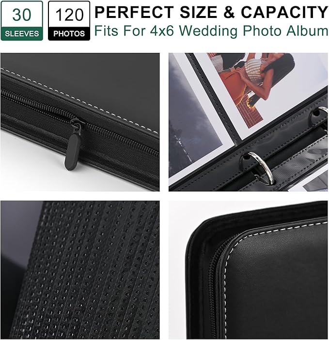 Photo Album 4x6 Pictures,120 Pockets Binder Premium Vegan Leather Cover for Family Wedding Anniversary Baby Kids Vacation. (Black)