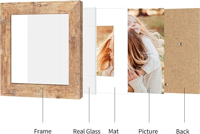 iRahmen 6x6 Picture Frame Set of 4 with Real Glass, Rustic Brown Frames Display 4x4 Picture with Mat or 6 x 6 Without Mat, Square Wood Photo Frame for Wall Mount and Tabletop Display