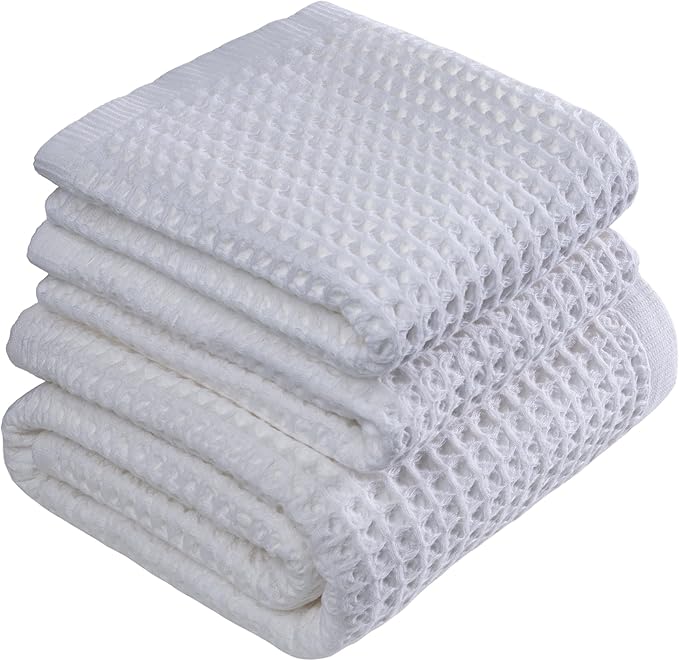 DEMMEX Organic Cotton Waffle Weave Turkish Towel Set for Bathroom, 100% OEKO-TEX Certified Super Soft Turkish Cotton, Lightweight & Quick Dry, 1 Bath & 2 Large Hand Towels, 30x60/20x30 in. Crisp White