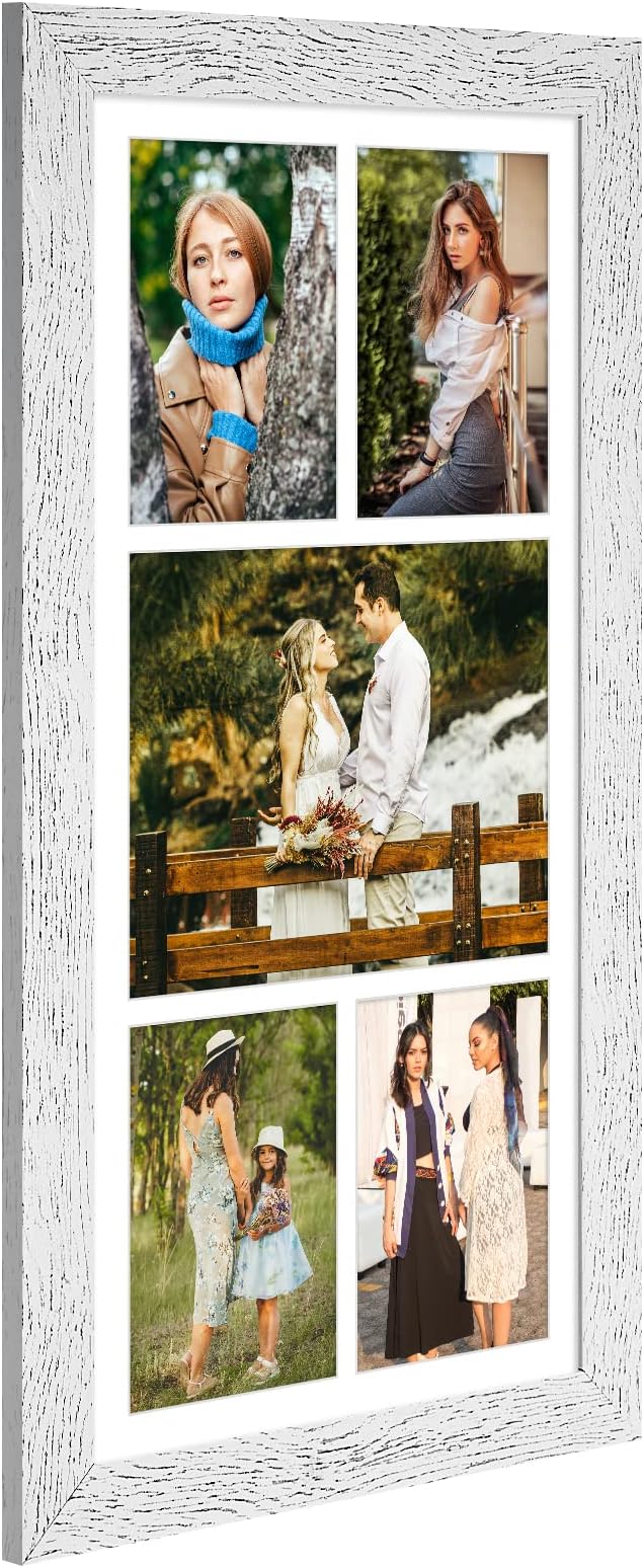 11x23 Picture Frame Display 5 opening 5x7 and 8x10 Picture Frame Collage,Multi Photo Frame with Mat,Plexiglass,Horizontal and Vertical Formats for Wall Decor,Distressed White Wood Grain