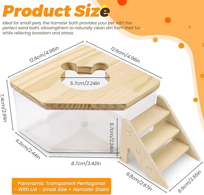 ASTIMESA Plastic Hamster Sand Bath Container with Ladder, Clear Hamster Litter Box Tub Wood Cover for Chinchilla Pet Gerbil Guinea Pig Digging Small Animal House Pentagon
