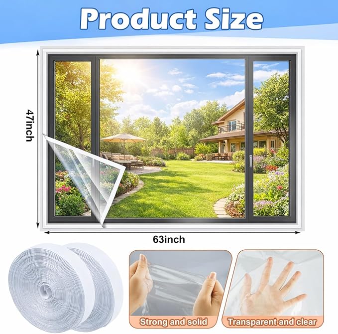 47 x 63 Inch Adjustable Window Insulation Kit for Summer Heat Cuttable Window Plastic Keep Warm in Winter Cool in Summer Transparent Film with Adhesive Straps Reusable Winterizing Cover