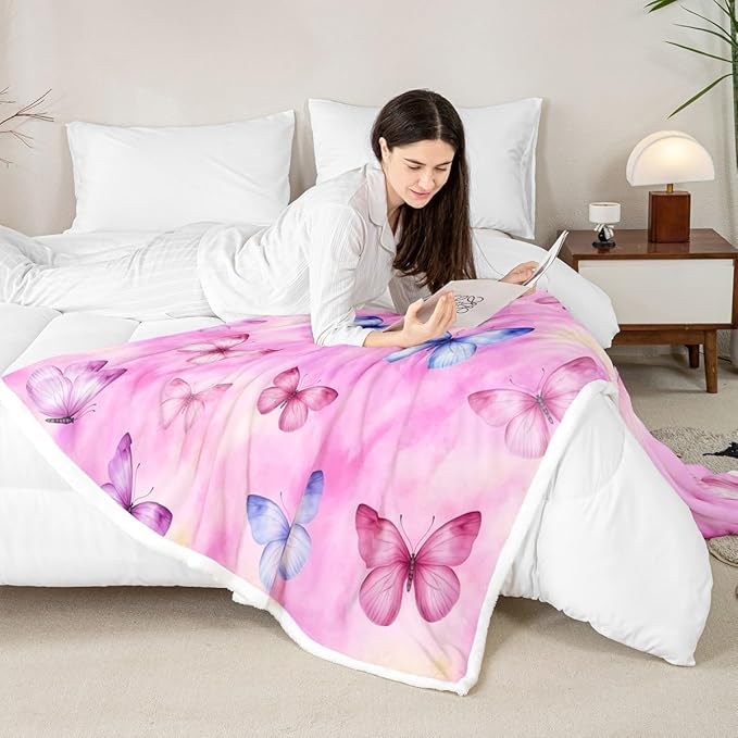 Feelyou Girls Butterfly Fleece Throw Blanket Baby 30"x40" Kids Tie Dye Watercolor Sherpa Blanket Plush Fuzzy for Bed Couch Chair Living Room, Dreamy Girly Bed Blanket Pink Room Decor