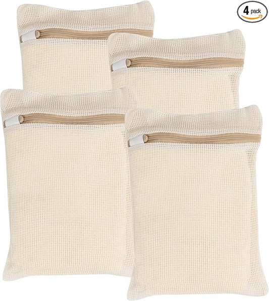 4 Piece Small, Durable Organic Cotton Mesh Laundry Bag with Strong Zipper and Breathable Mesh, Delicate Laundry Bag for Underwear, Clothes, Pants and Socks