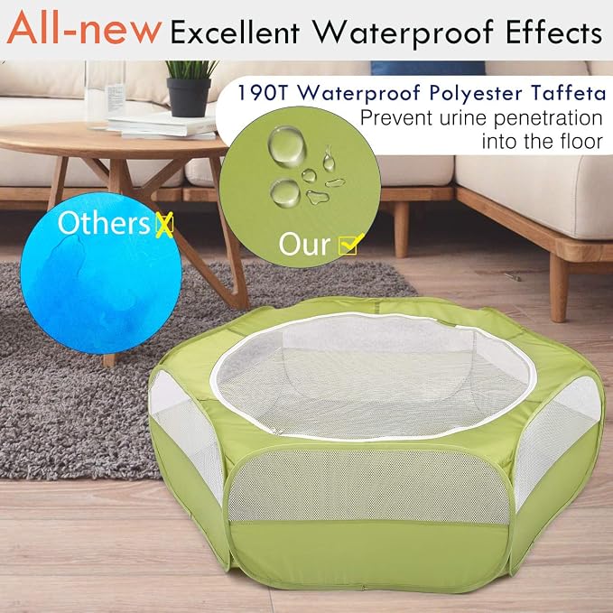 Pawaboo Small Animal Playpen with Zippered Cover,Green | Portable pop-up pet tent for supervised rabbits, guinea pigs, chicks and kittens; water-resistant bottom and 3 metal rods